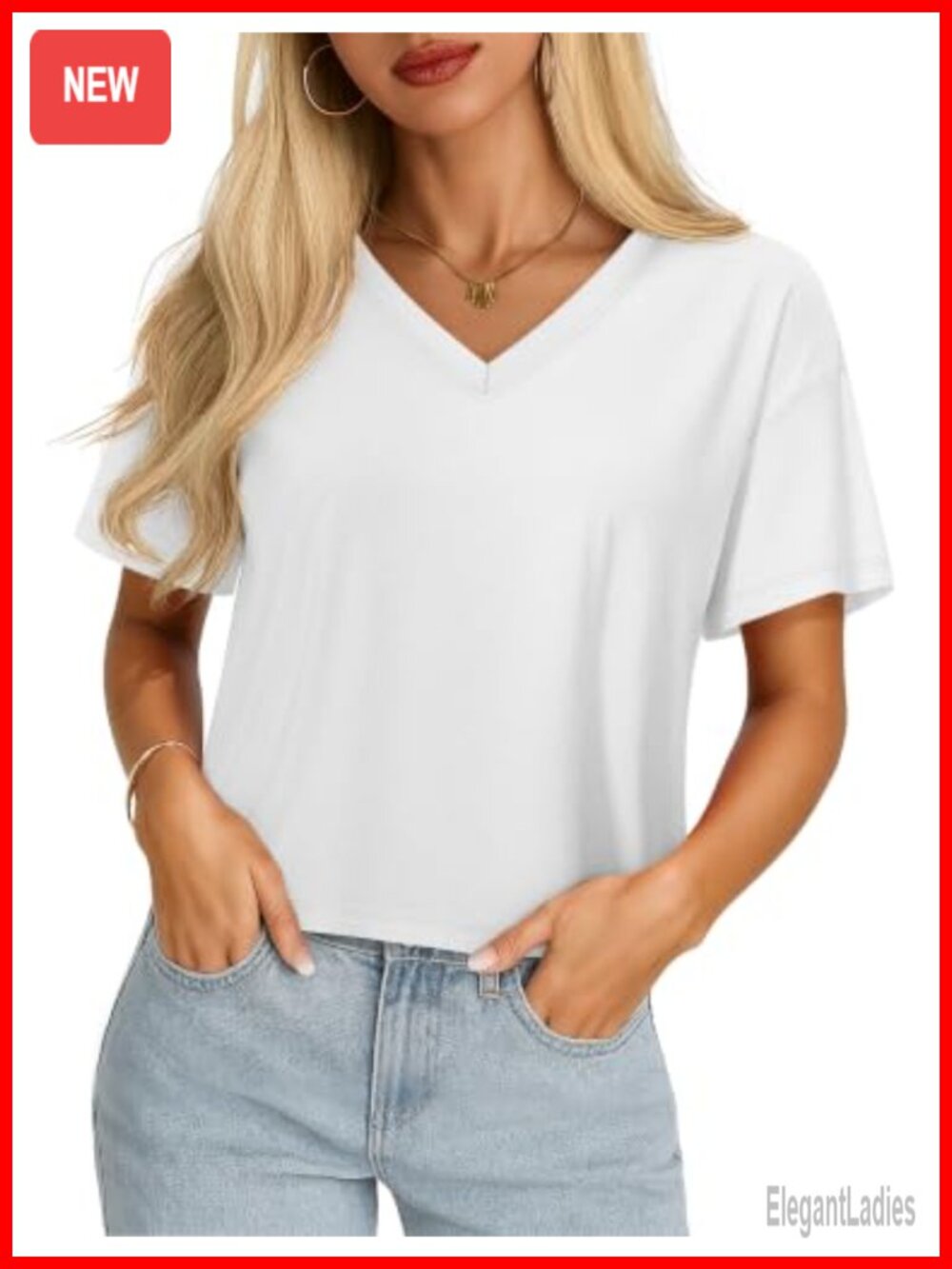 Cropped V Neck Cotton Blend T Shirt Loose Fit Short Sleeve Summer Top